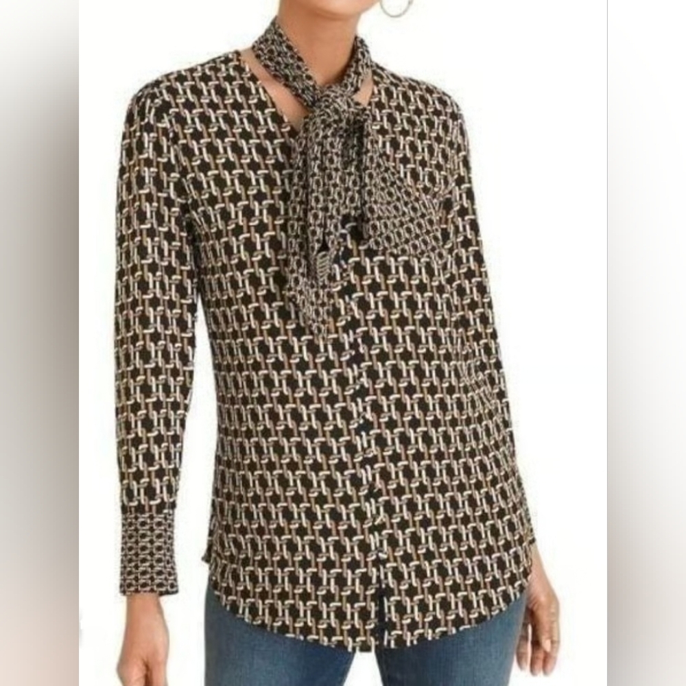 Chicos Sz 2 Geometric Link Print Removable Scarf Blouse Button *VGUC Nwot